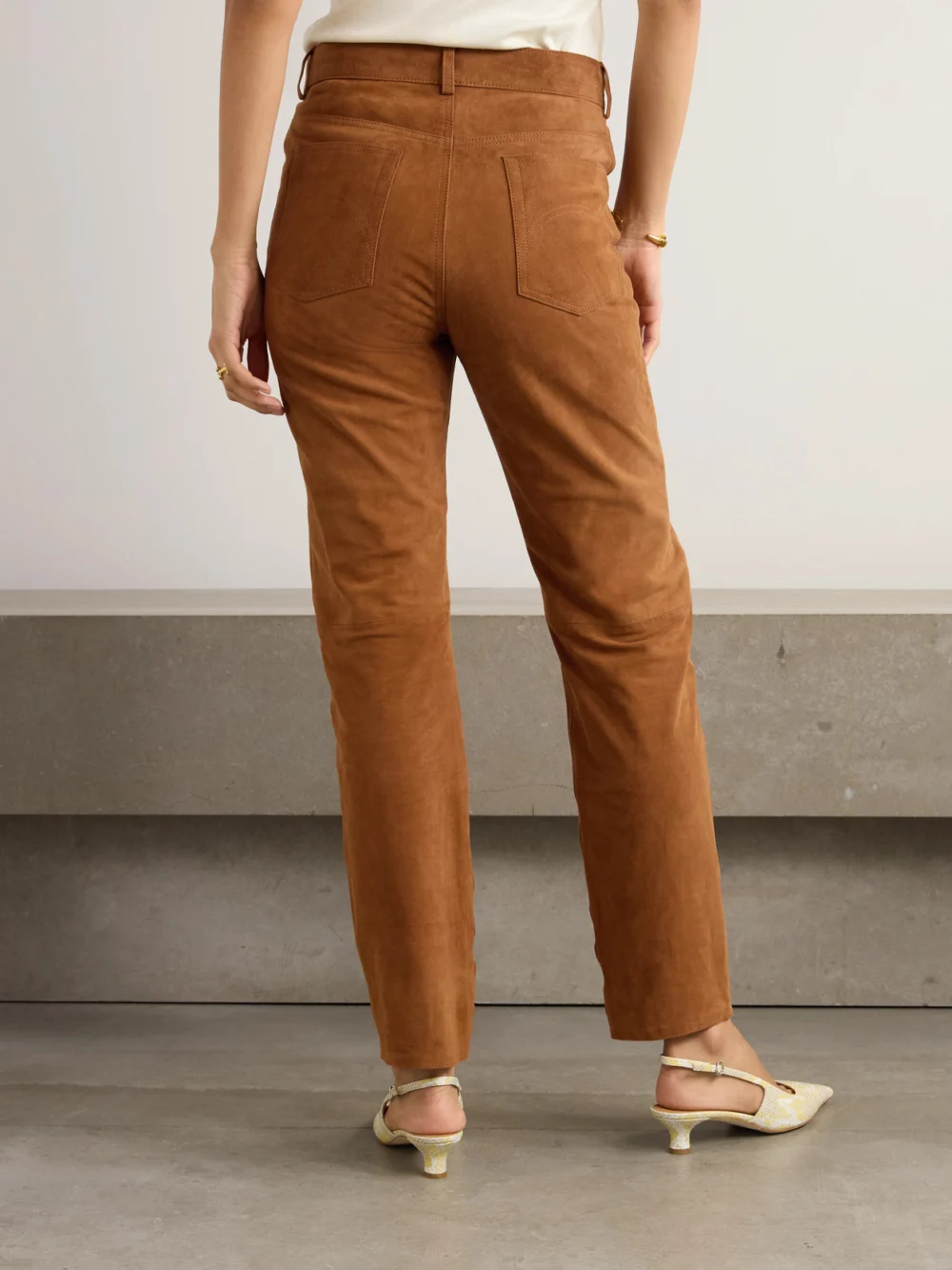 Back view of the BLAZÉ Milano Paso Paneled Suede Straight-leg Pants