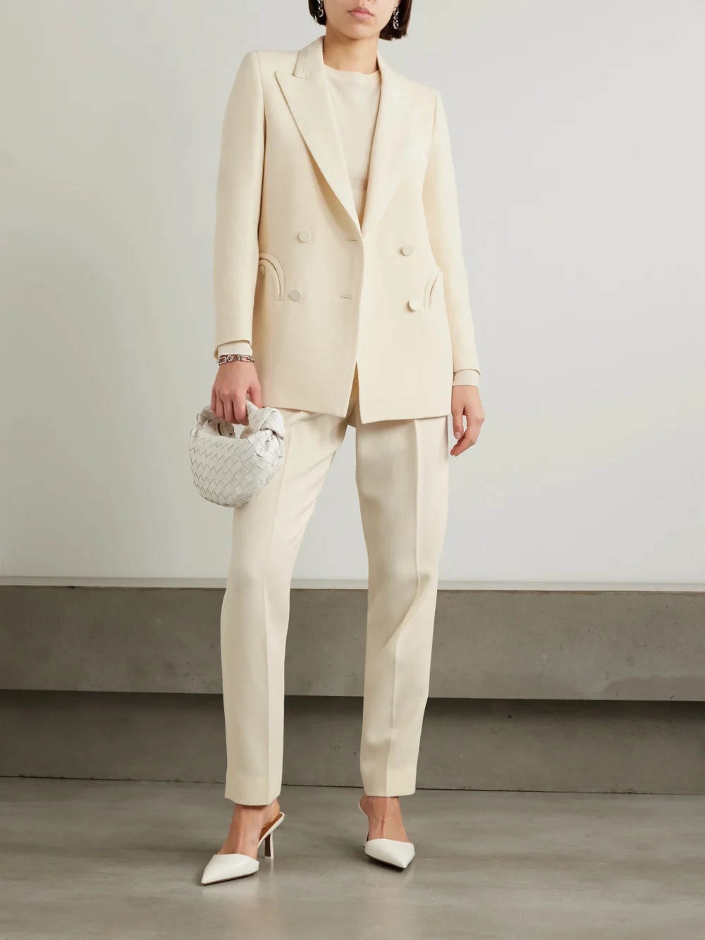 BLAZÉ Milano Resolute Everyday Double-breasted Silk Twill-trimmed Wool-crepe Blazer, worn by a model