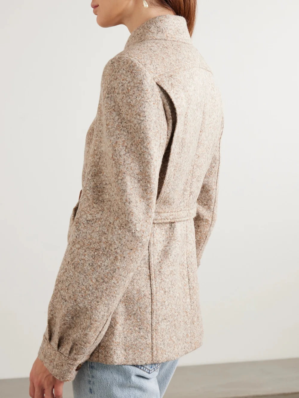 Back view of the BLAZÉ Milano Seanna Paint Belted Leather-trimmed Alpaca and Wool-blend Jacket