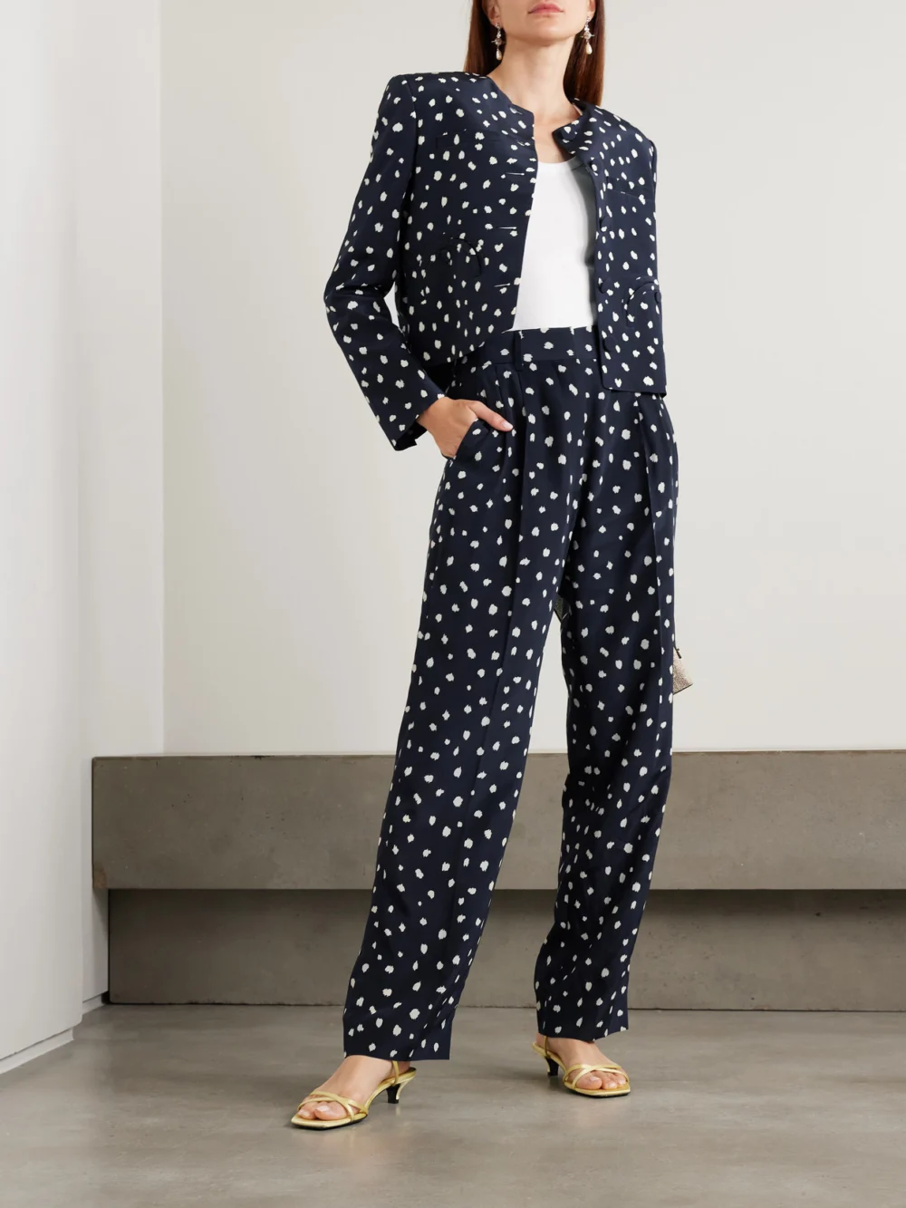 BLAZÉ Milano Shamo Polka-dot Silk Jacket, worn by a model