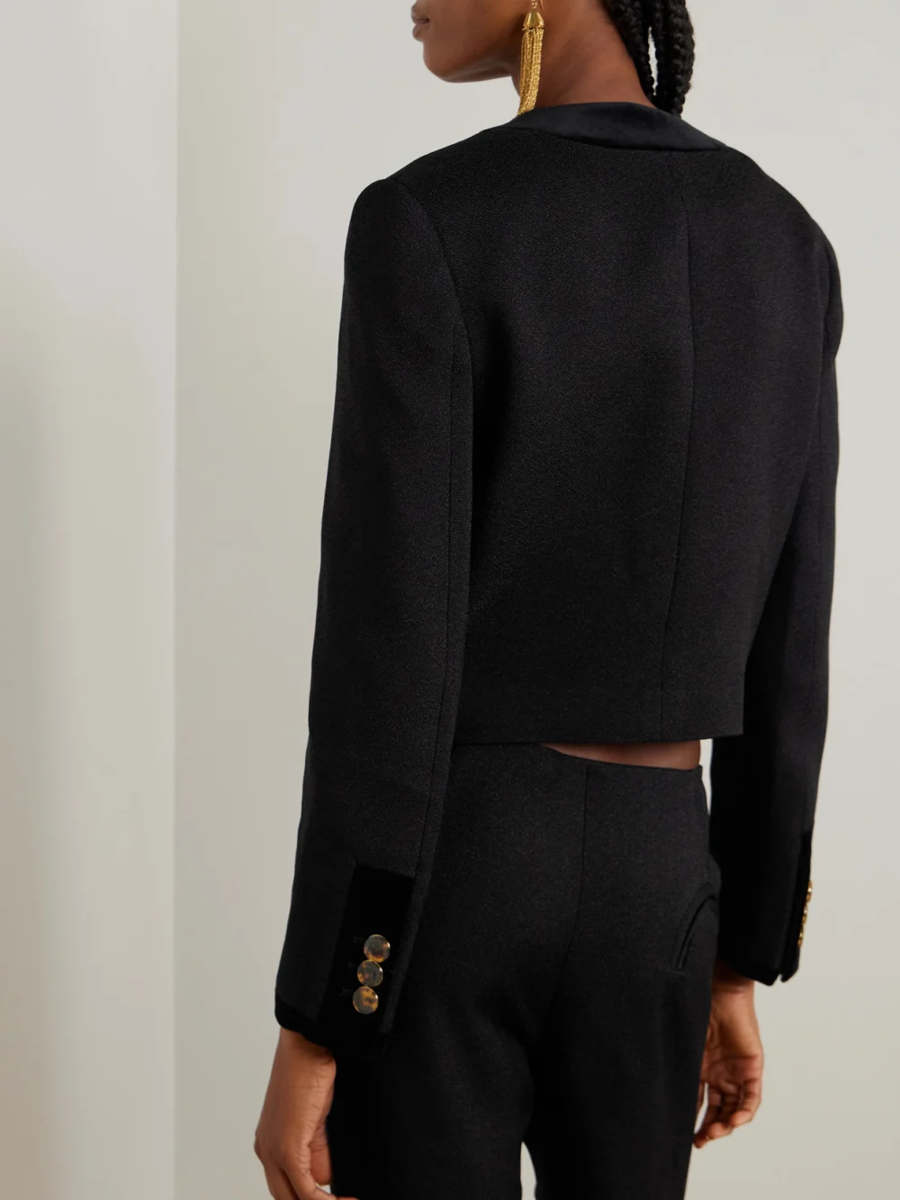 Back view of the BLAZÉ Milano Spiti Cropped Cotton Velvet-trimmed Woven Jacket