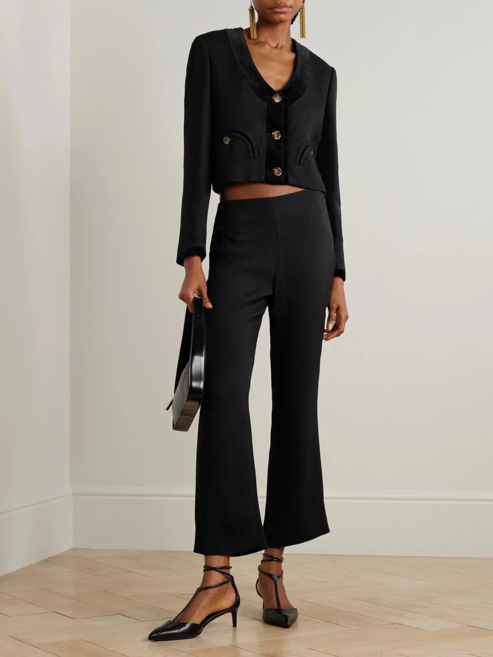 BLAZÉ Milano Spiti Cropped Cotton Velvet-trimmed Woven Jacket, worn by a model