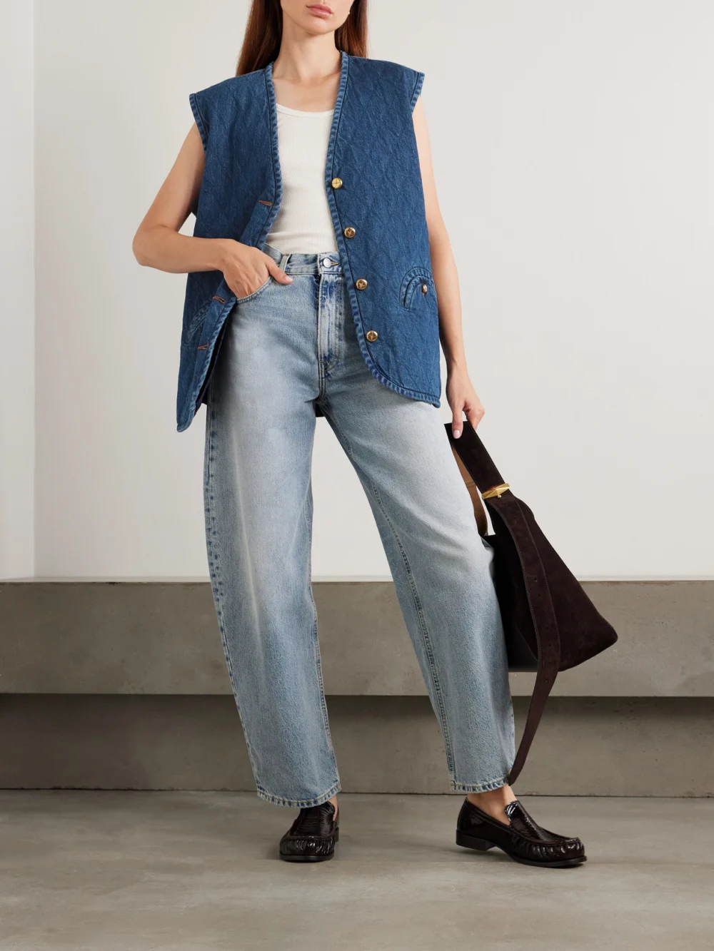 BLAZÉ Milano Suffolk Padded Quilted Denim Vest, worn by a model