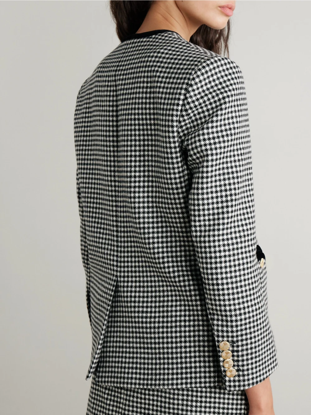 Back view of the BLAZÉ Milano Sunset Double-breasted Velvet-trimmed Houndstooth Wool Blazer