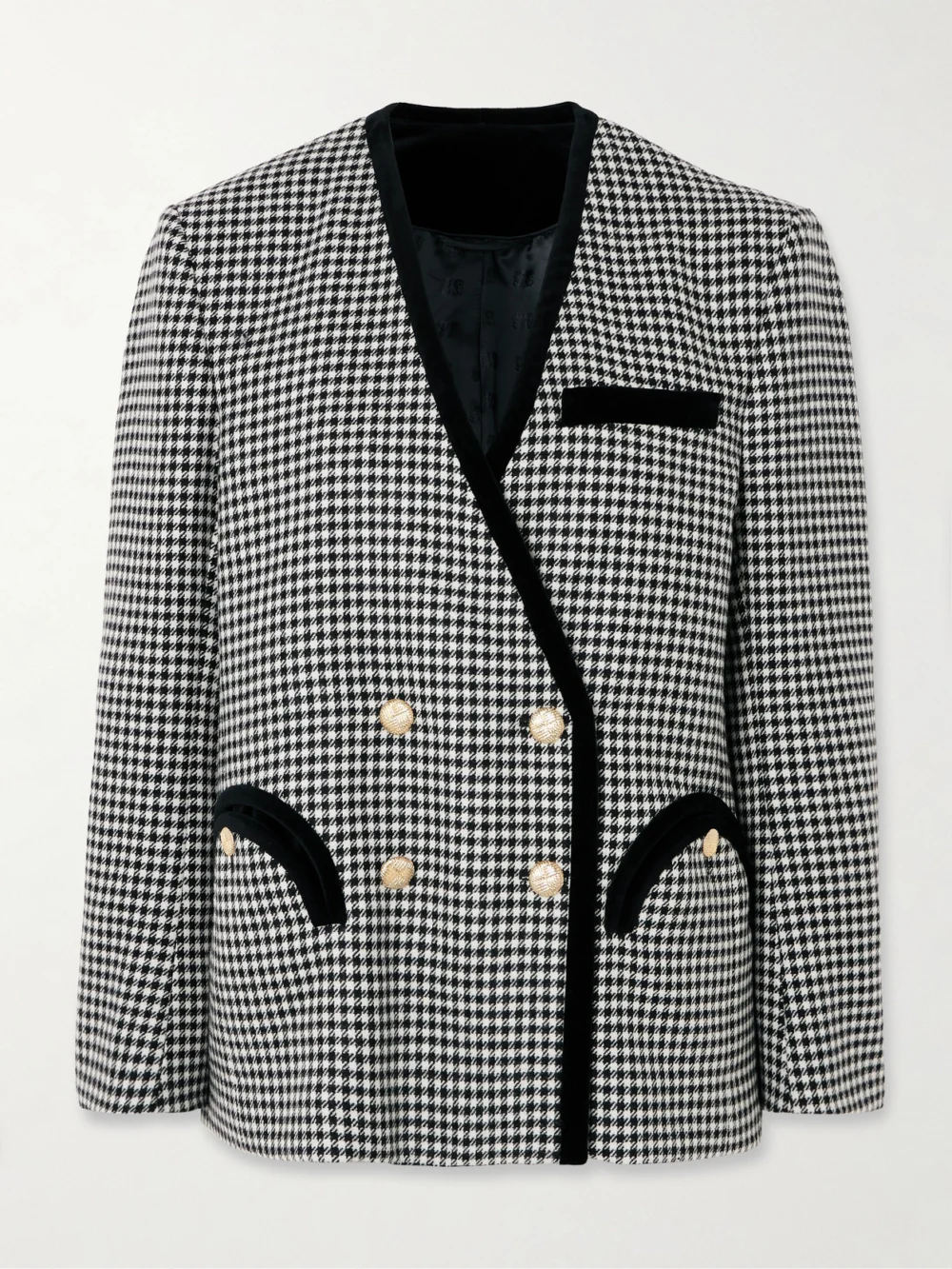 BLAZÉ Milano Sunset Double-breasted Velvet-trimmed Houndstooth Wool Blazer in black