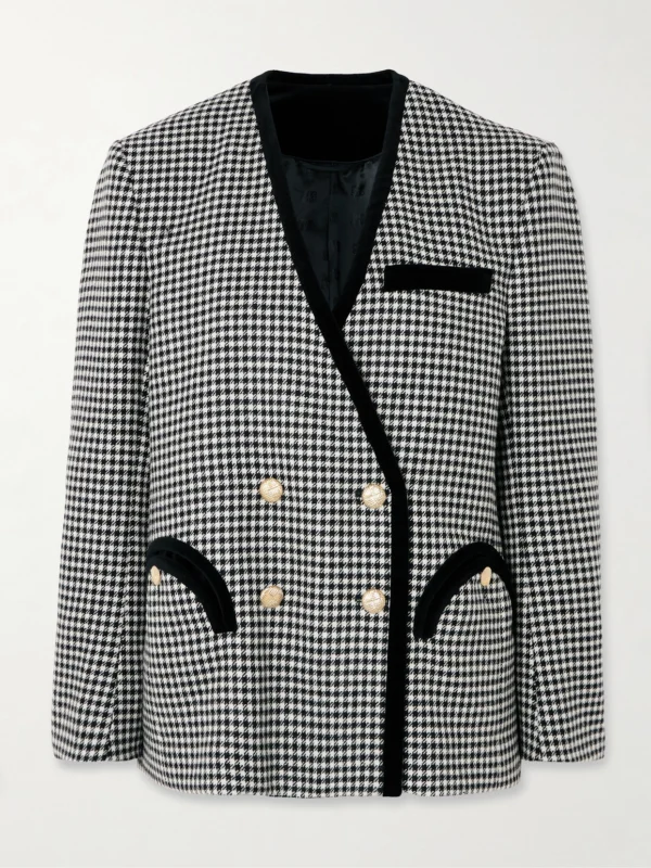 BLAZÉ Milano Sunset Double-breasted Velvet-trimmed Houndstooth Wool Blazer