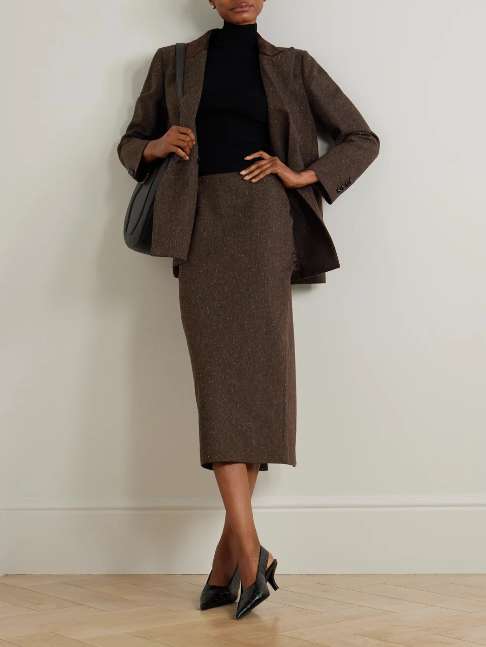 BLAZÉ Milano Sussex Wool-blend Midi Skirt, worn by a model