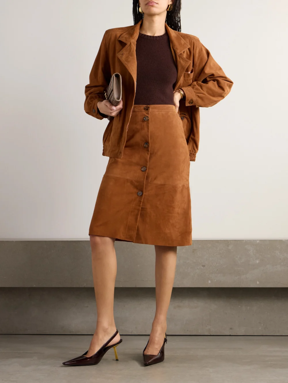 BLAZÉ Milano Viva Appaloosa Paneled Suede Midi Skirt, worn by a model