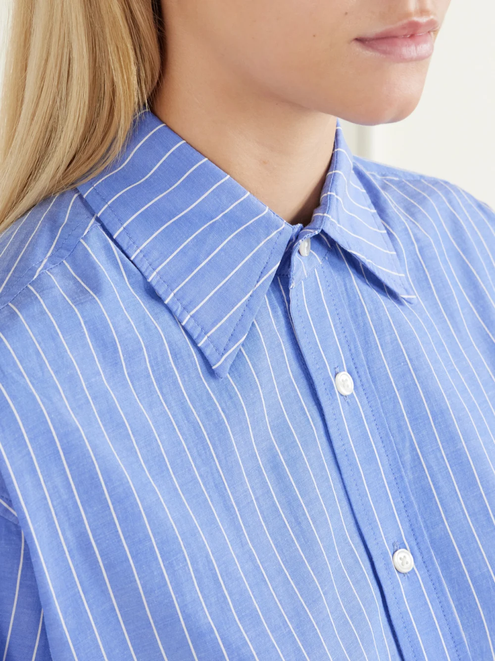 Close-up detail of the Bode Bluebell Striped Cotton-poplin Shirt