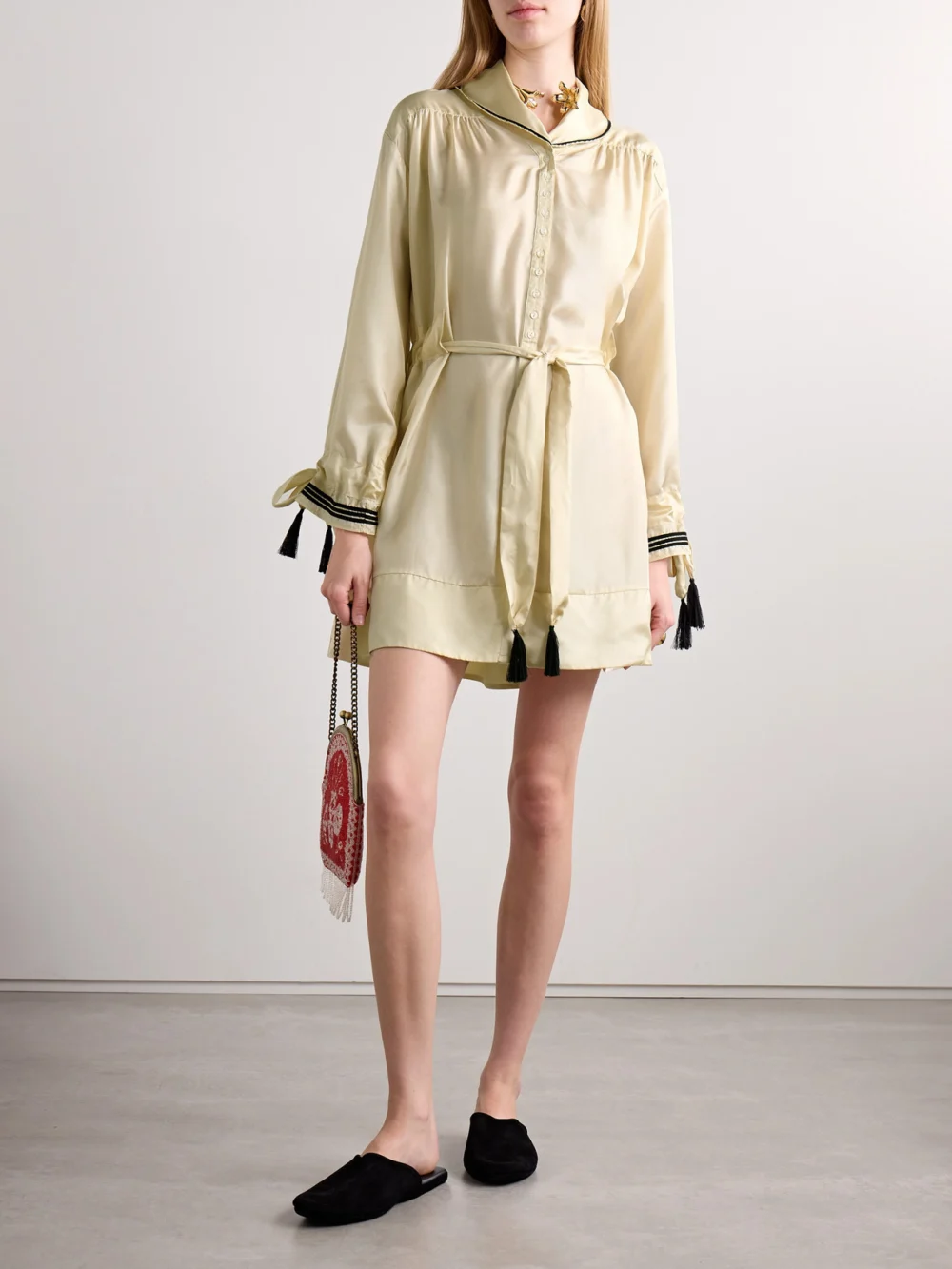 Bode Boater Belted Silk-satin Mini Dress, worn by a model