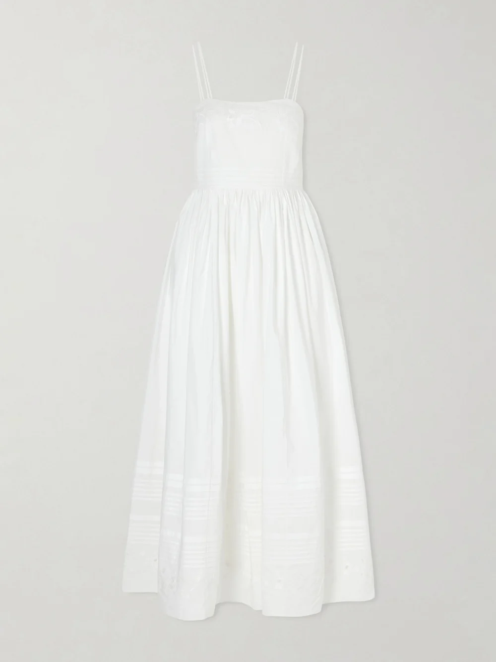 Bode Chamomile Pintucked Embroidered Cotton-poplin Midi Dress in white