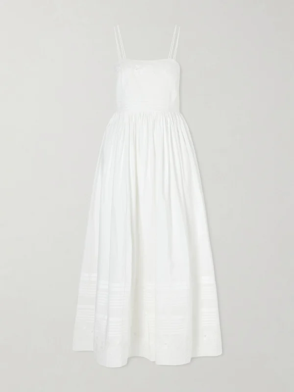 Bode Chamomile Pintucked Embroidered Cotton-poplin Midi Dress