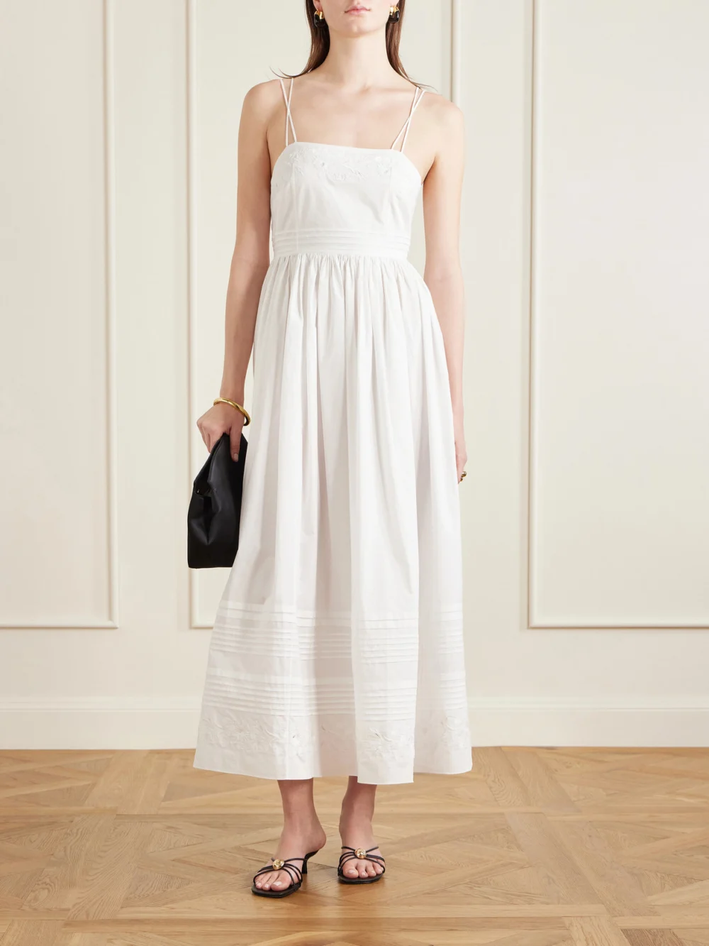 Bode Chamomile Pintucked Embroidered Cotton-poplin Midi Dress, worn by a model