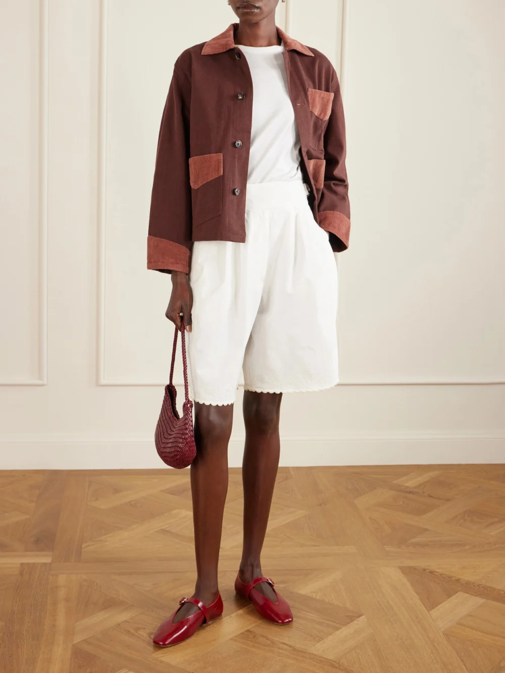 Bode Closerie Belted Scalloped Embroidered Cotton-poplin Shorts, worn by a model