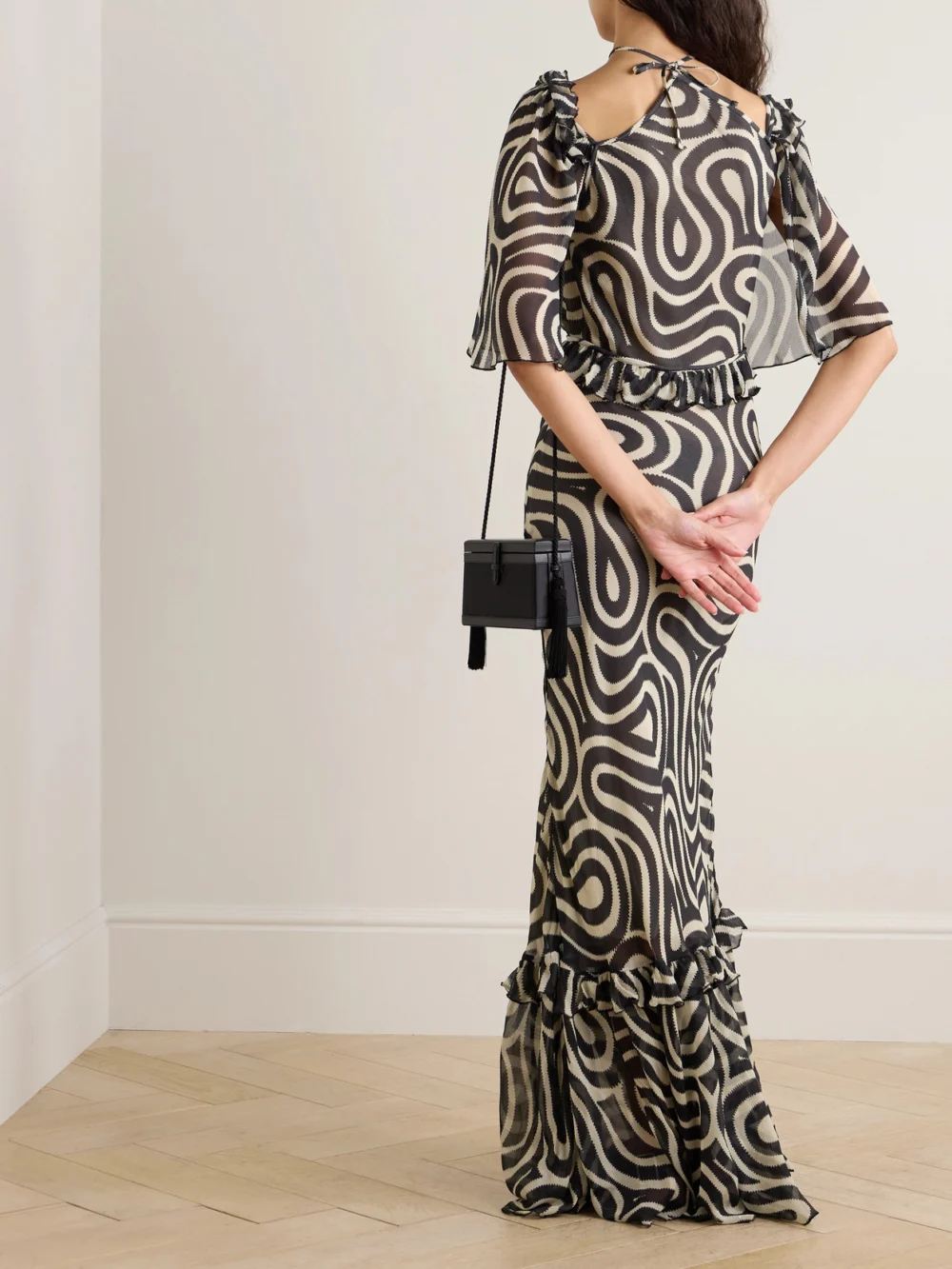 Back view of the Bode Comber Ruffled Printed Silk-chiffon Maxi Dress