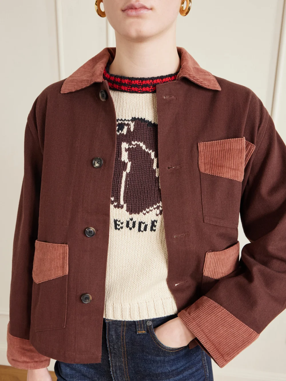 Close-up detail of the Bode Corduroy-trimmed Cotton-twill Jacket