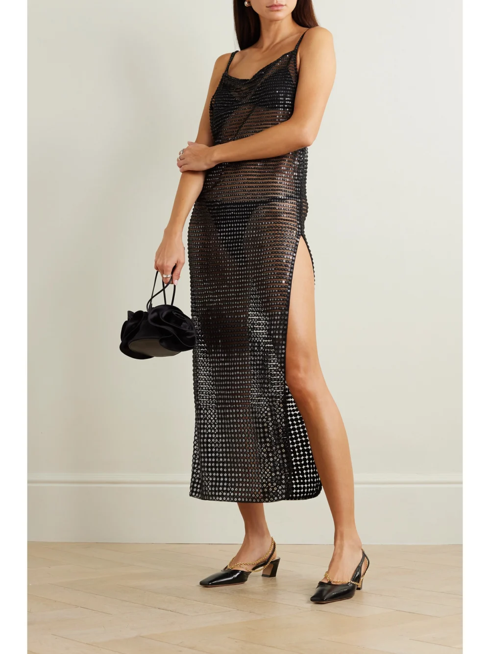 Bode Crescendo Open-back Sequined Mesh Midi Dress, worn by a model