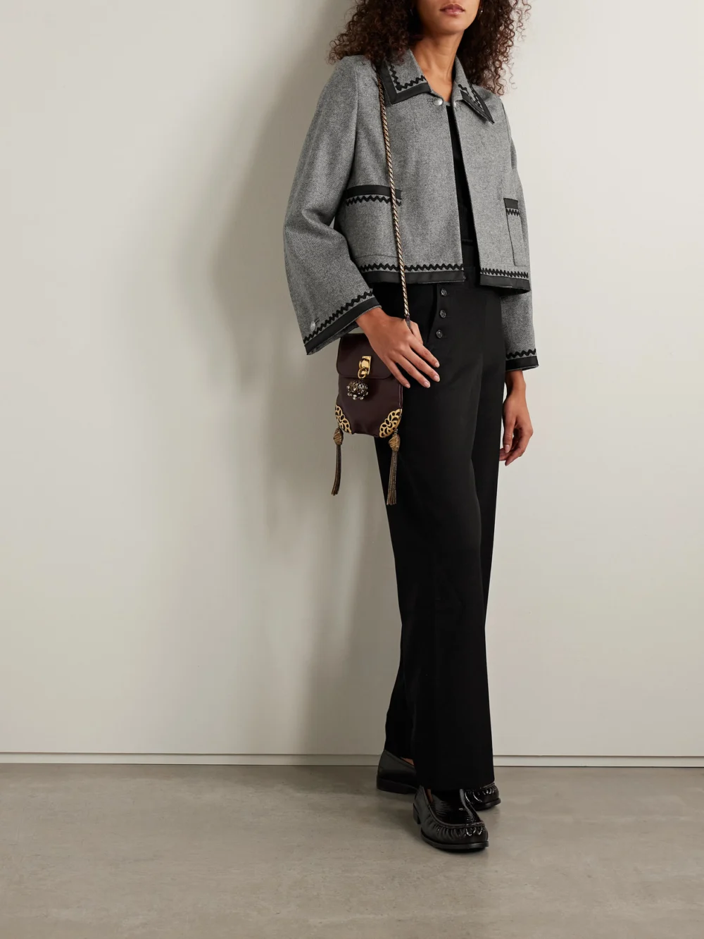 Bode Dovecote Cropped Cotton Twill-trimmed Wool-twill Jacket, worn by a model