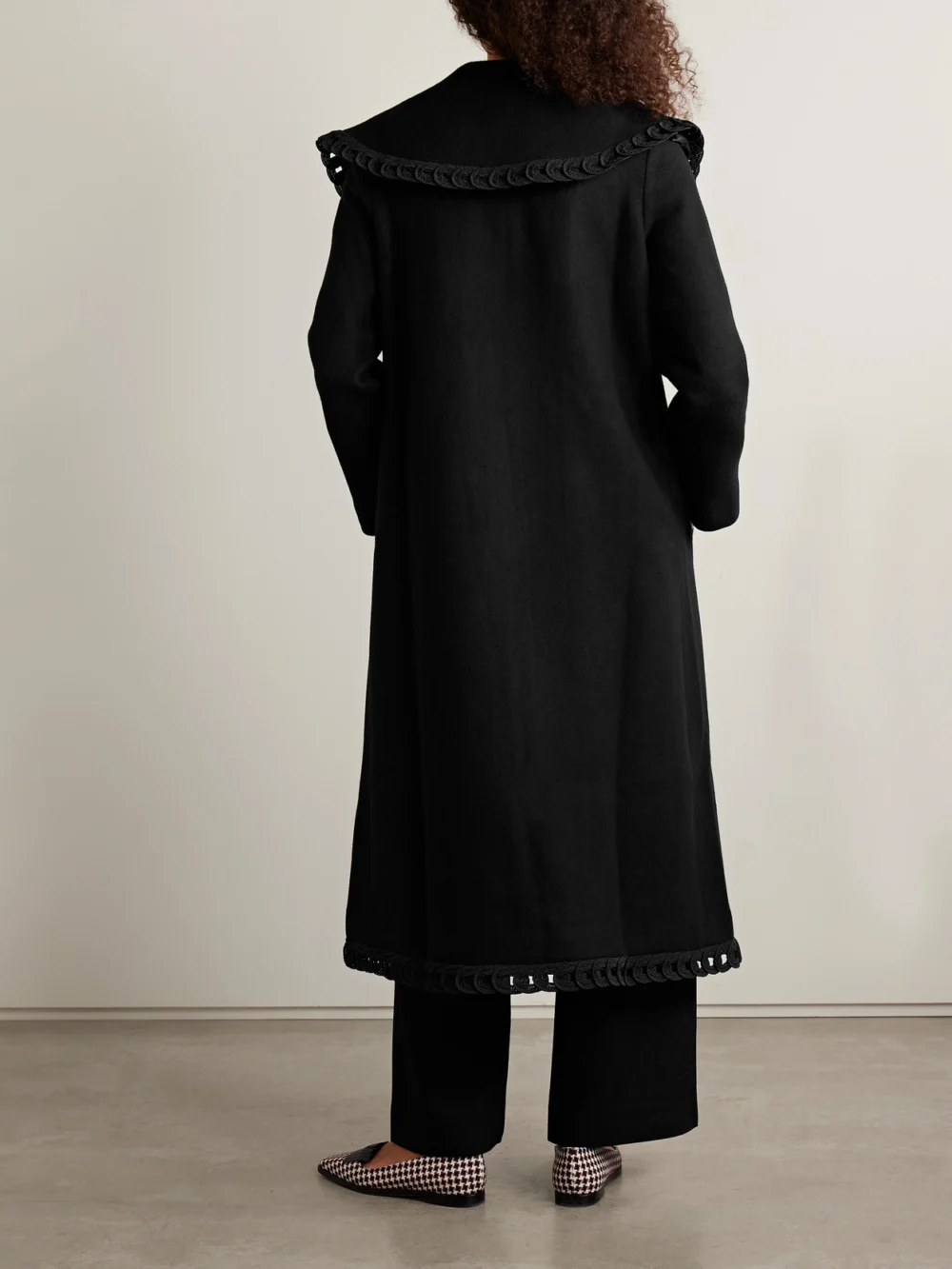 Back view of the Bode Dover Belted Embroidered Wool Coat