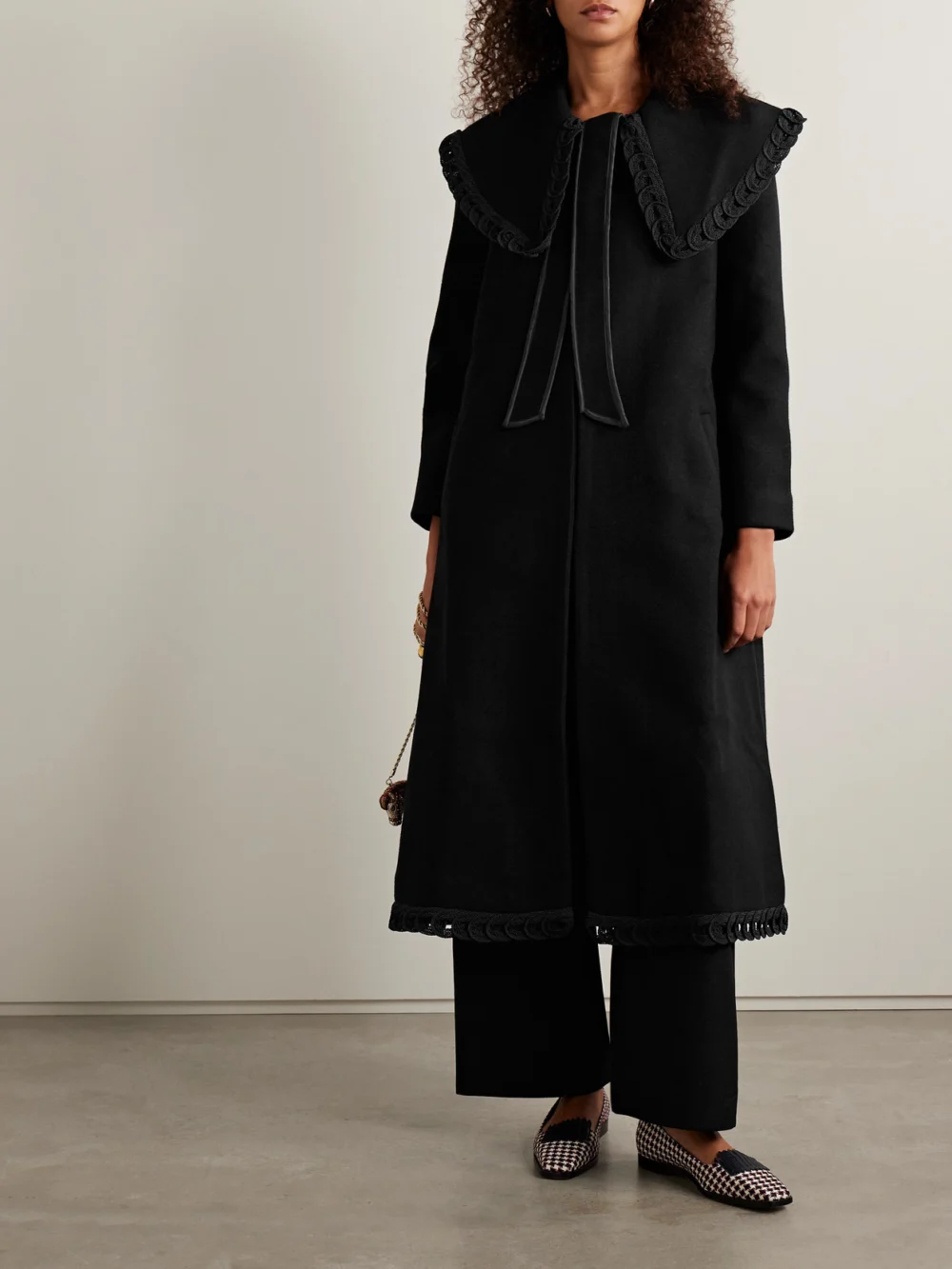 Bode Dover Belted Embroidered Wool Coat, worn by a model