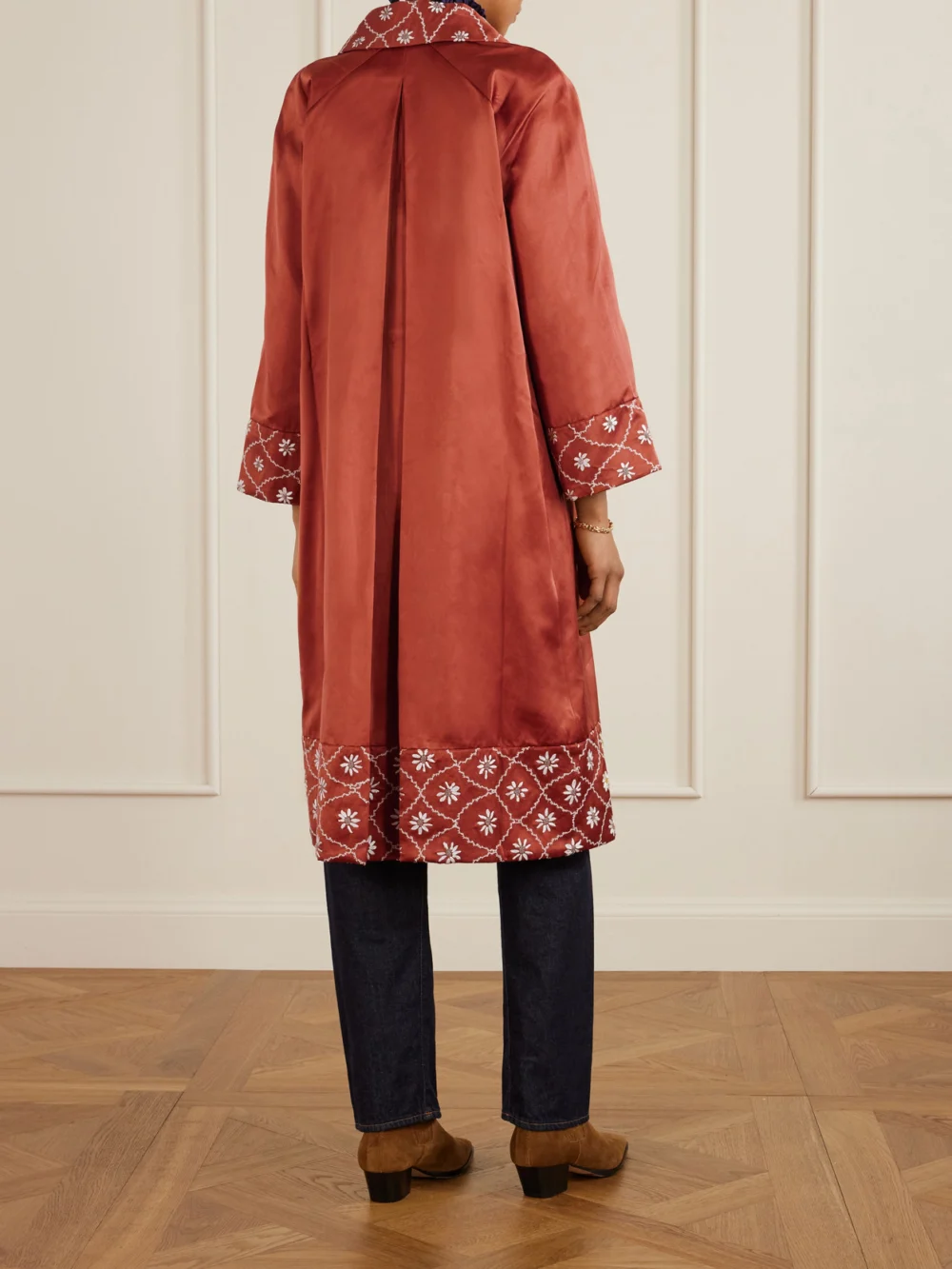 Back view of the Bode Embroidered Cotton and Silk-blend Coat
