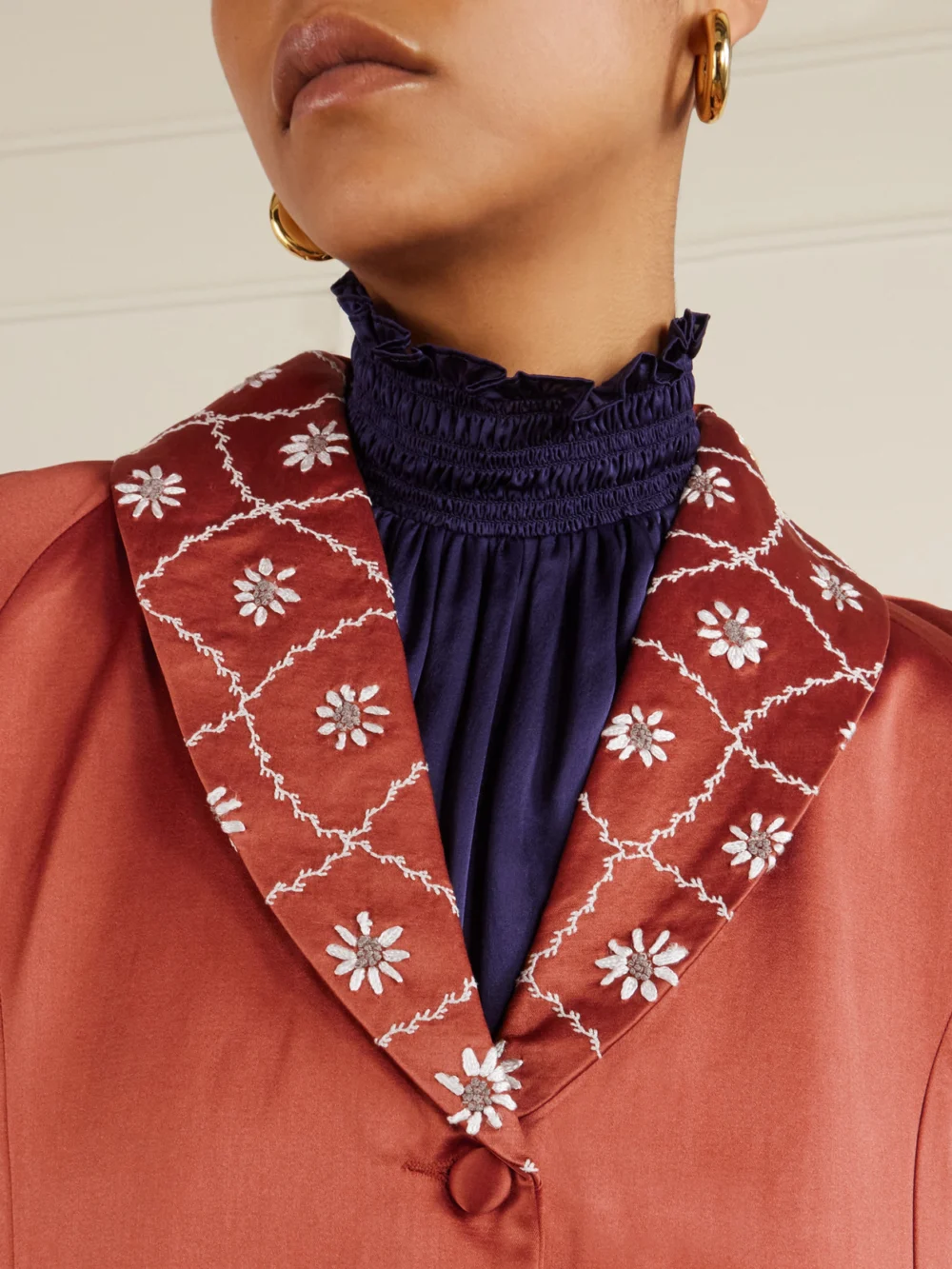 Close-up detail of the Bode Embroidered Cotton and Silk-blend Coat