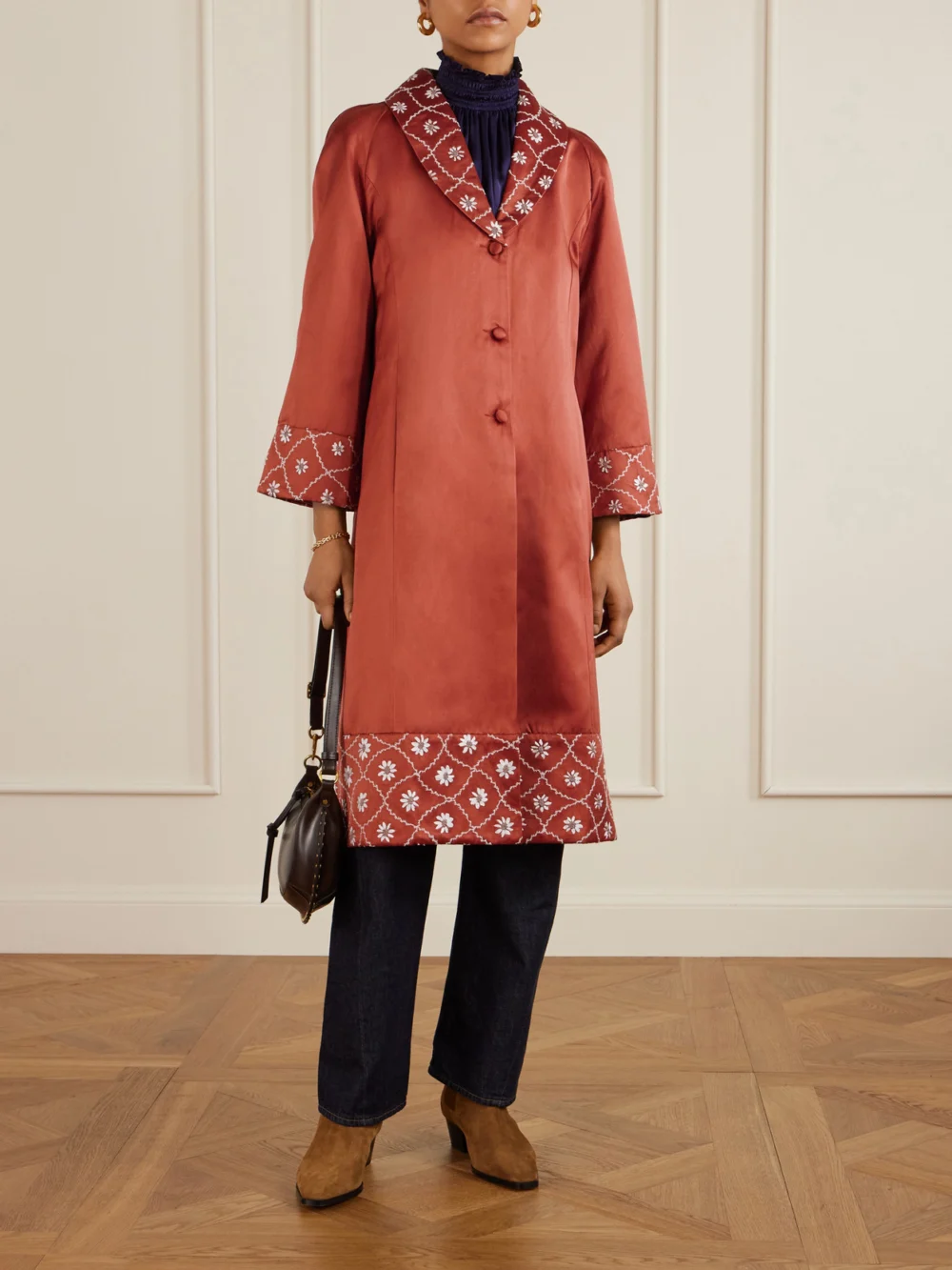 Bode Embroidered Cotton and Silk-blend Coat, worn by a model