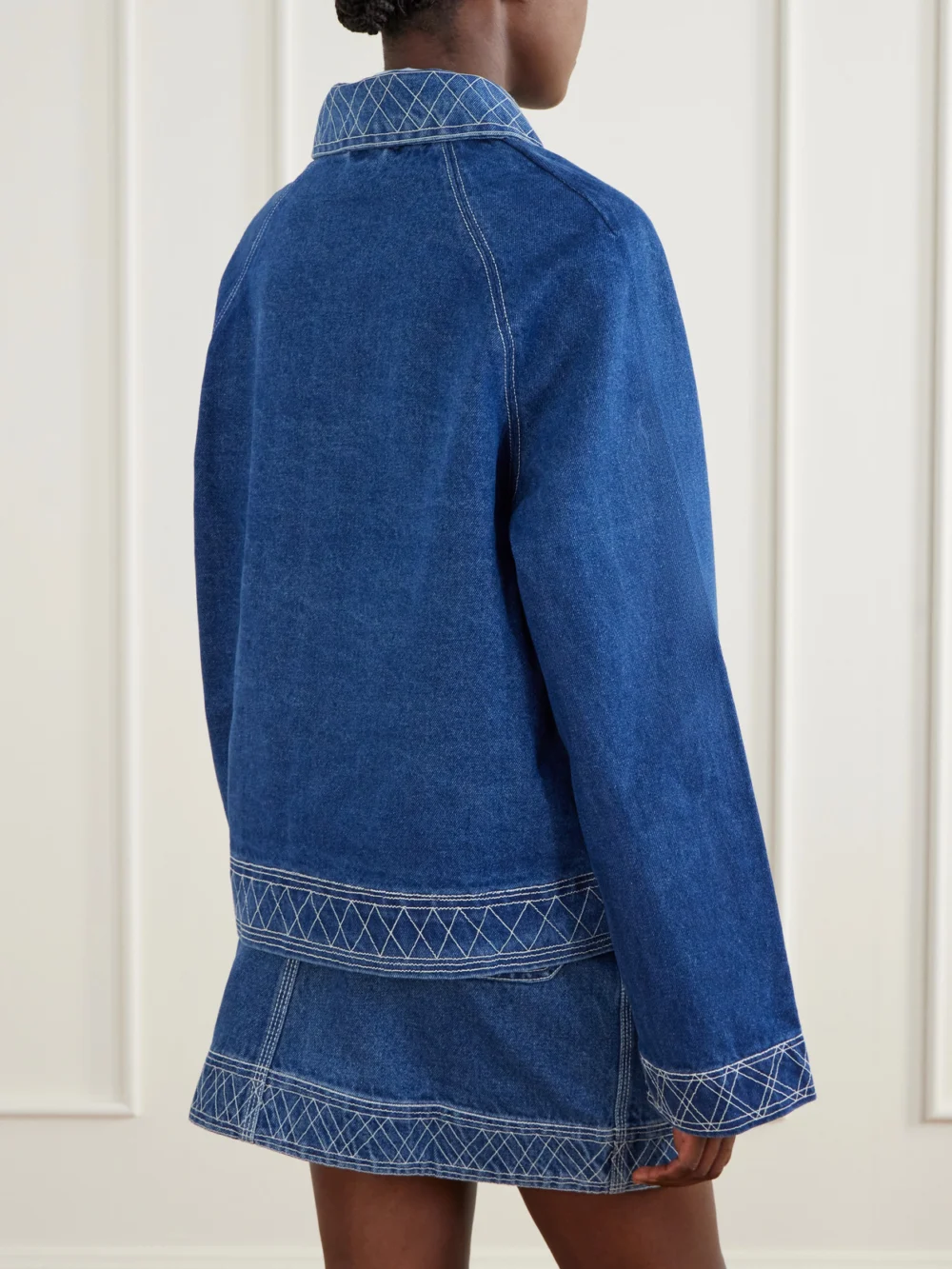 Back view of the Bode Embroidered Denim Jacket