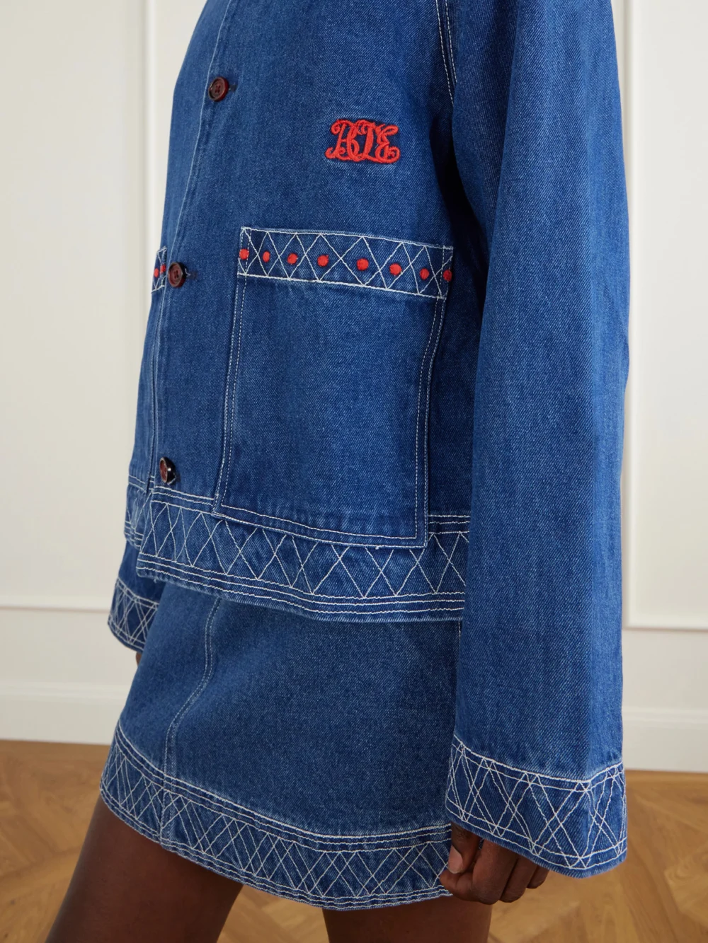 Close-up detail of the Bode Embroidered Denim Jacket