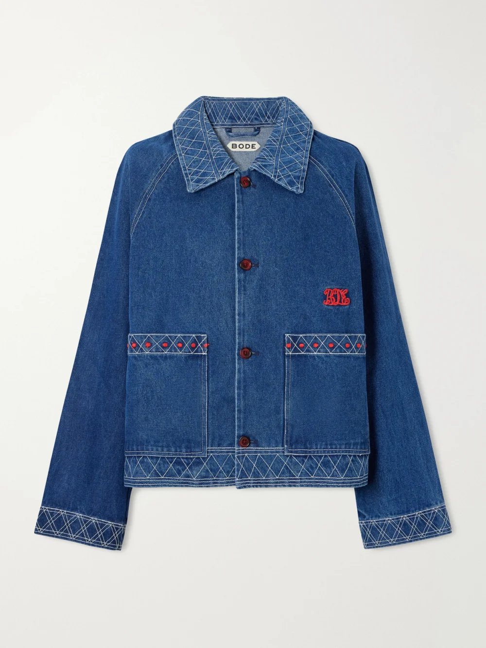 Bode Embroidered Denim Jacket in mid denim