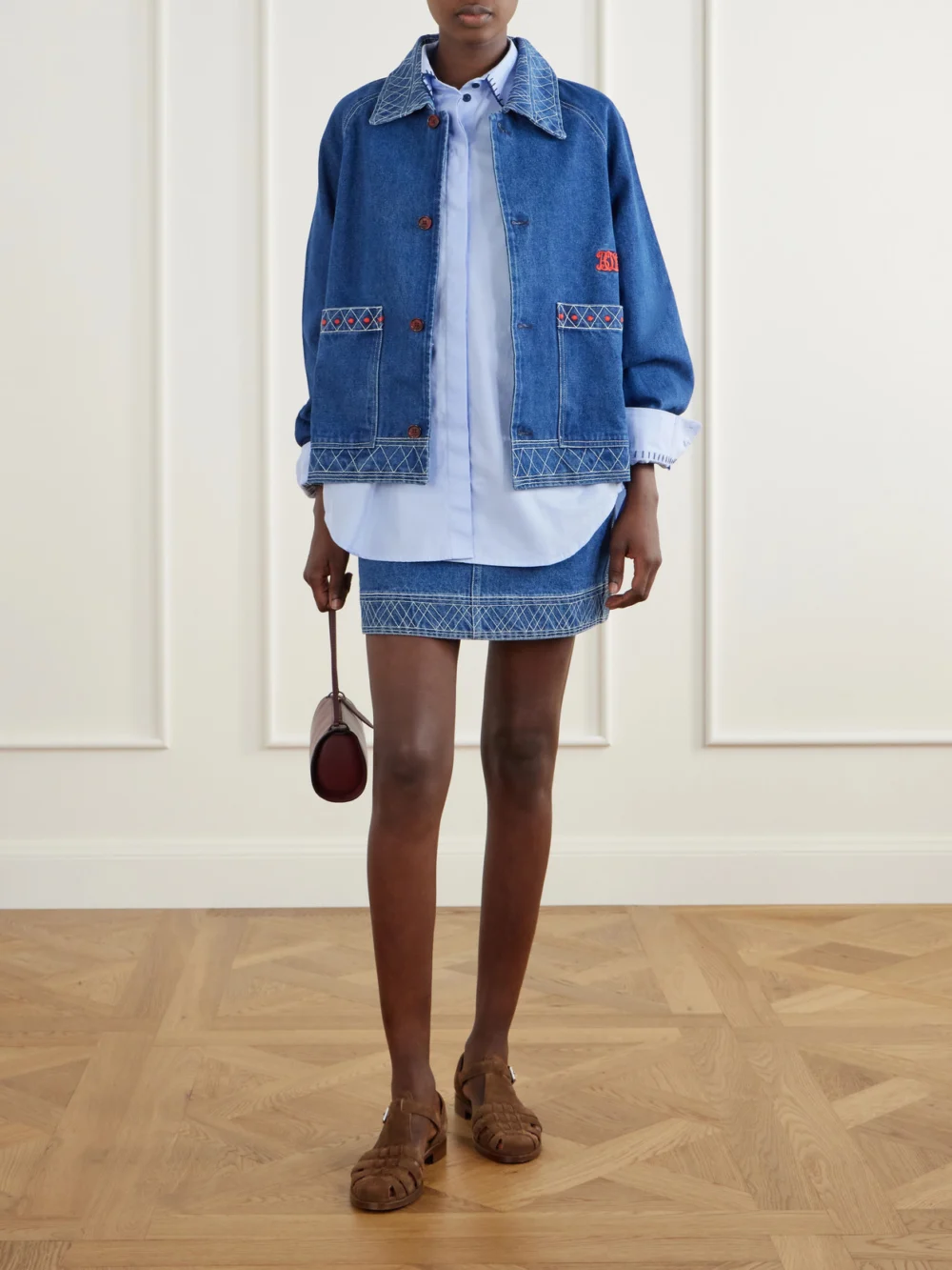 Bode Embroidered Denim Jacket, worn by a model