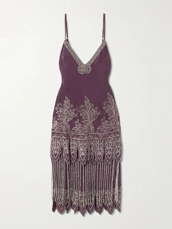Bode Epoque Fringed Embroidered Embellished Silk-crepe Midi Dress