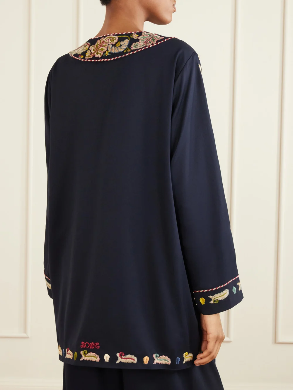 Back view of the Bode Feather Runner Embroidered Cotton-blend Twill Jacket