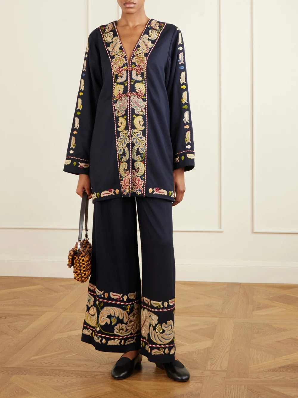 Bode Feather Runner Embroidered Cotton-blend Twill Jacket, worn by a model