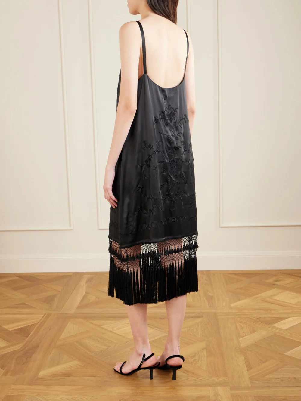 Back view of the Bode Fringed Embroidered Silk-satin Midi Dress
