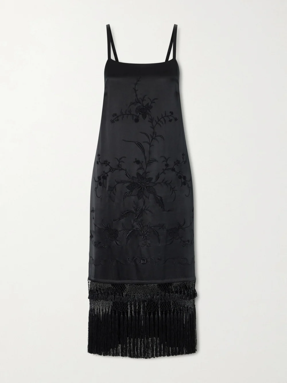 Bode Fringed Embroidered Silk-satin Midi Dress in black