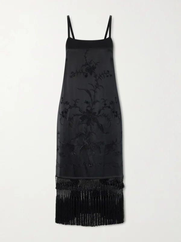 Bode Fringed Embroidered Silk-satin Midi Dress