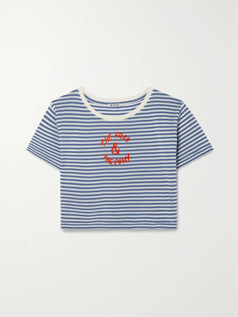 Bode Frog and Pony Cropped Flocked Striped Cotton-blend T-shirt in blue