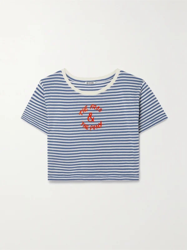 Bode Frog and Pony Cropped Flocked Striped Cotton-blend T-shirt