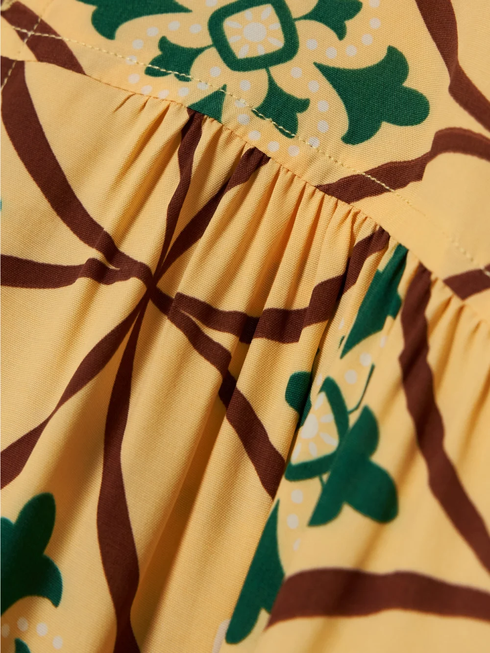 Close-up detail of the Bode Greer Quincy Gathered Printed Crepe Mini Shirt Dress