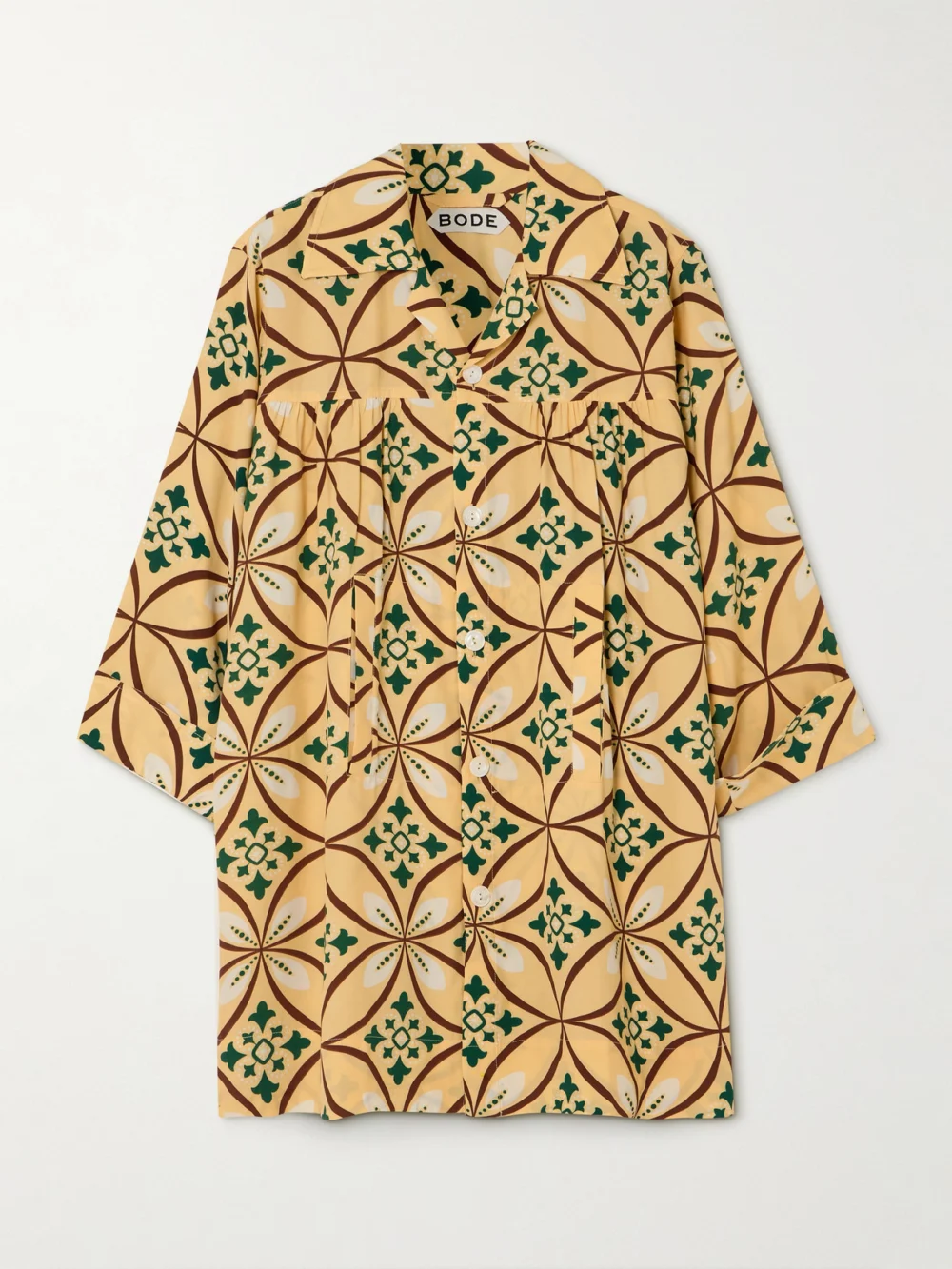 Bode Greer Quincy Gathered Printed Crepe Mini Shirt Dress in yellow