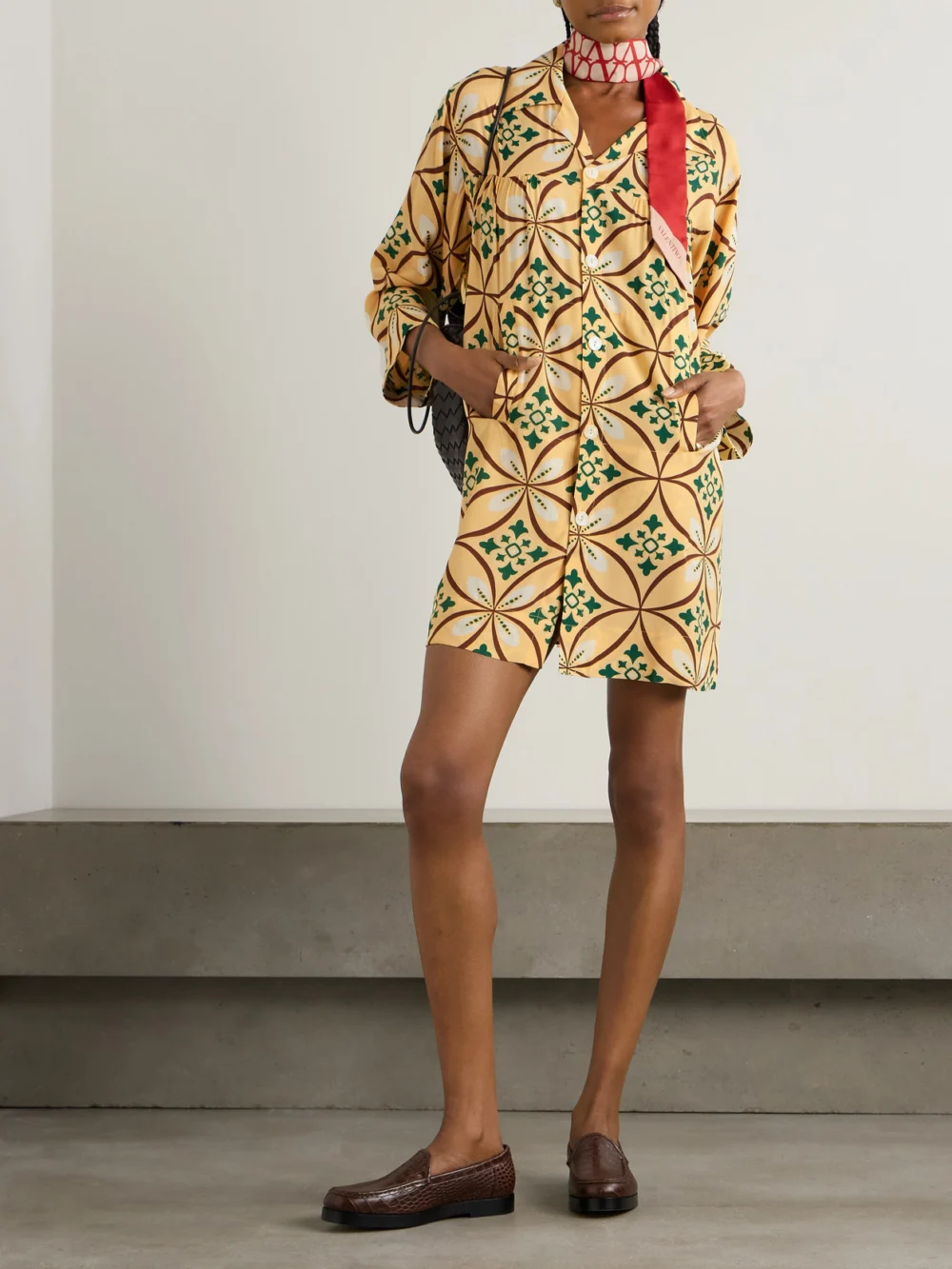 Bode Greer Quincy Gathered Printed Crepe Mini Shirt Dress, worn by a model