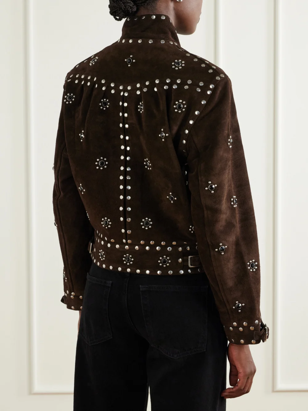 Back view of the Bode Howard Studded Suede Jacket
