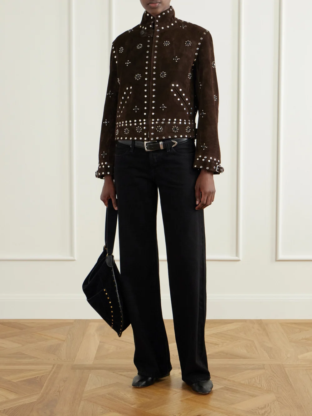 Bode Howard Studded Suede Jacket, worn by a model