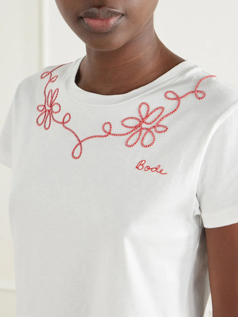 Close-up detail of the Bode Lasso Embroidered Cotton-jersey T-shirt