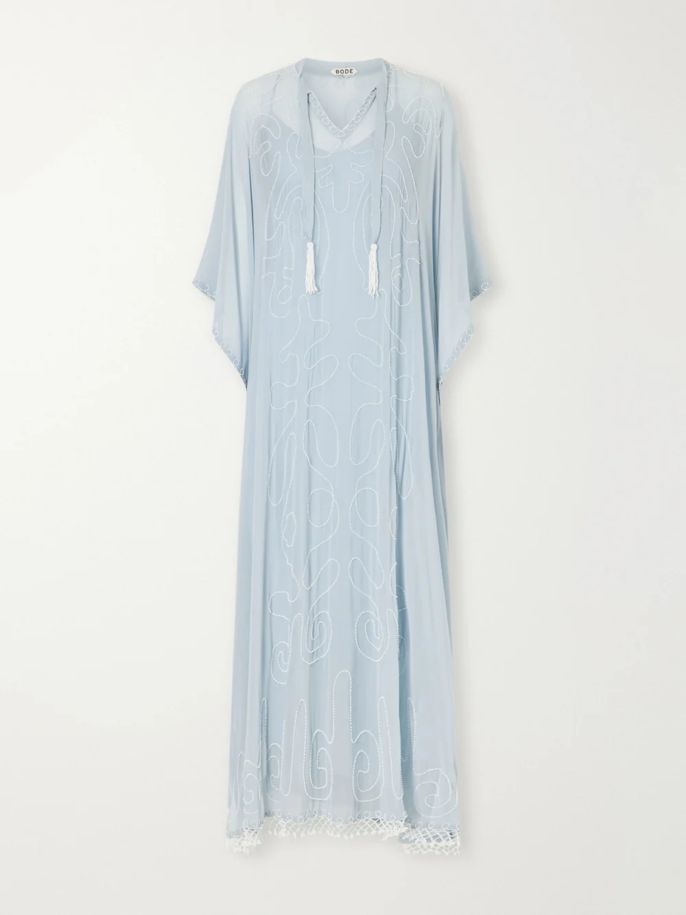 Bode Layered Bead-embellished Silk-georgette Maxi Dress in sky blue