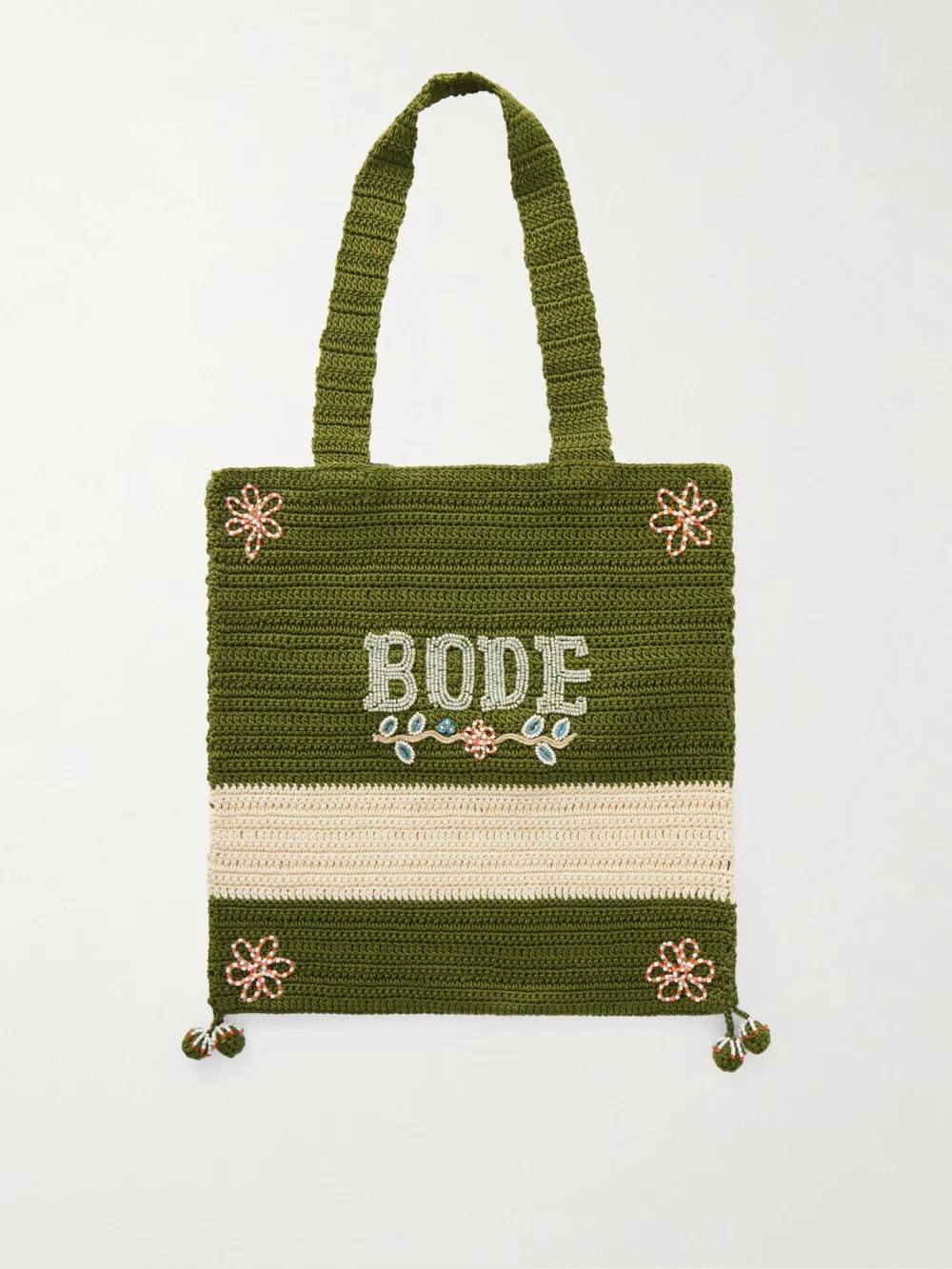 Bode Marsh Embellished Crocheted Cotton Tote in leaf green