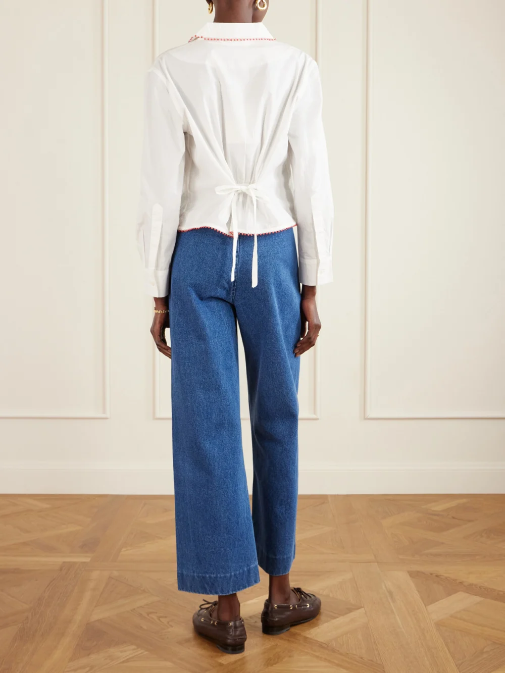 Back view of the Bode Redbud Cropped Embroidered Cotton-poplin Shirt