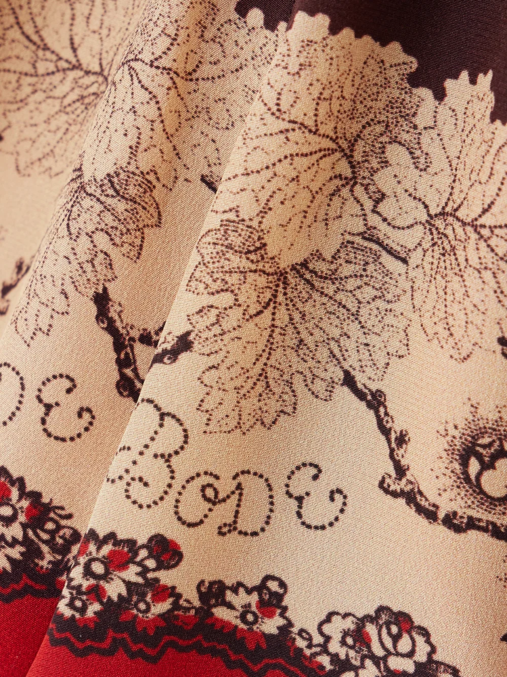 Close-up detail of the Bode Storybook Tap Printed Silk Shorts