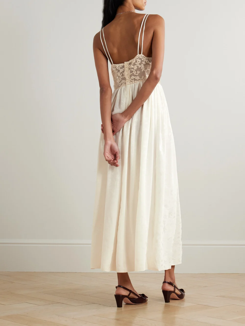 Back view of the Bode Trousseau Lace and Silk-jacquard Maxi Dress